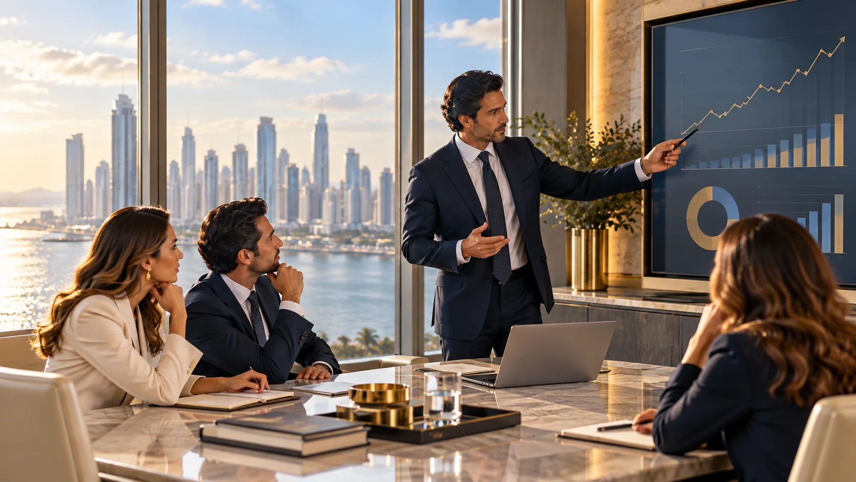 Consultores analizando información financiera con un cliente en Panamá