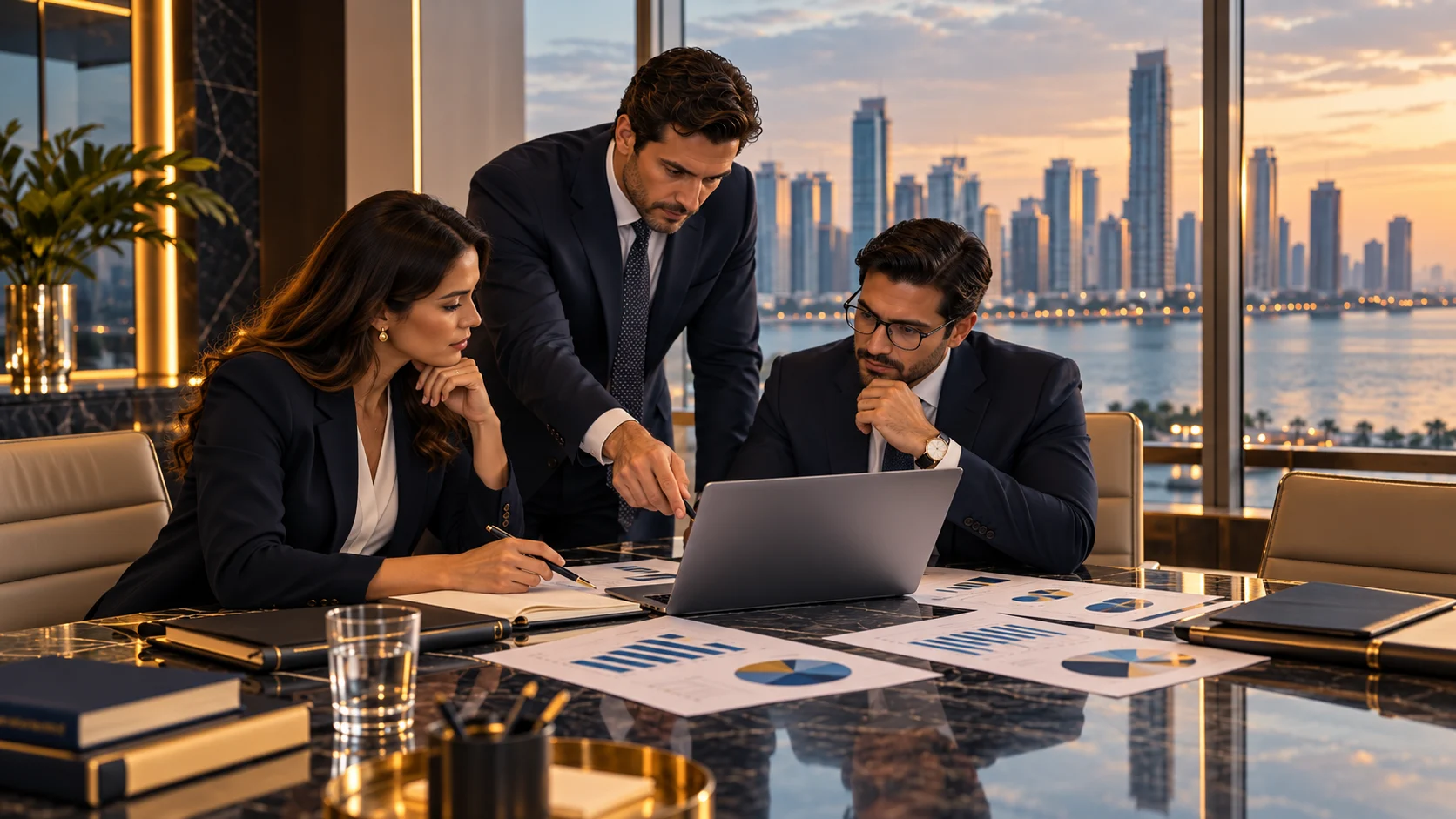 Profesionales revisando documentos y análisis financieros