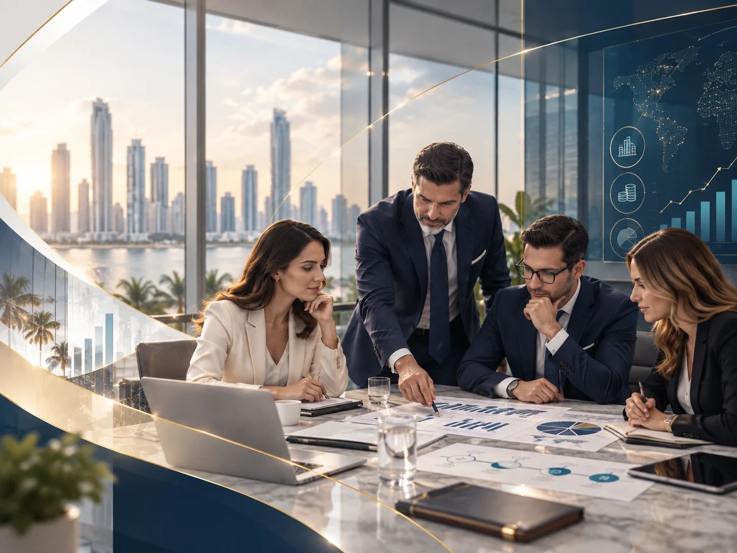 Equipo empresarial trabajando en planificación y estrategia