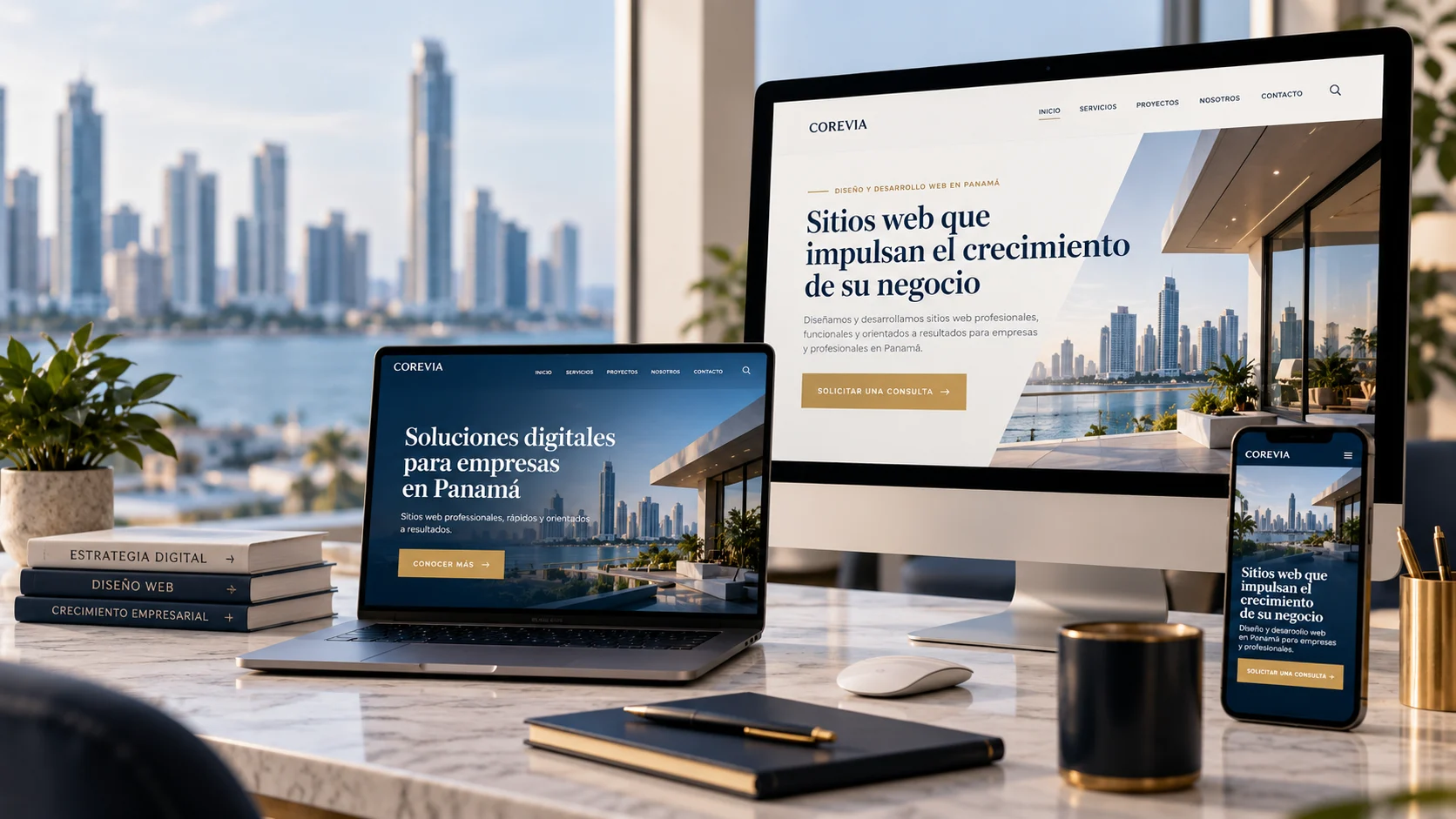 Sitio web empresarial profesional adaptado a diferentes dispositivos