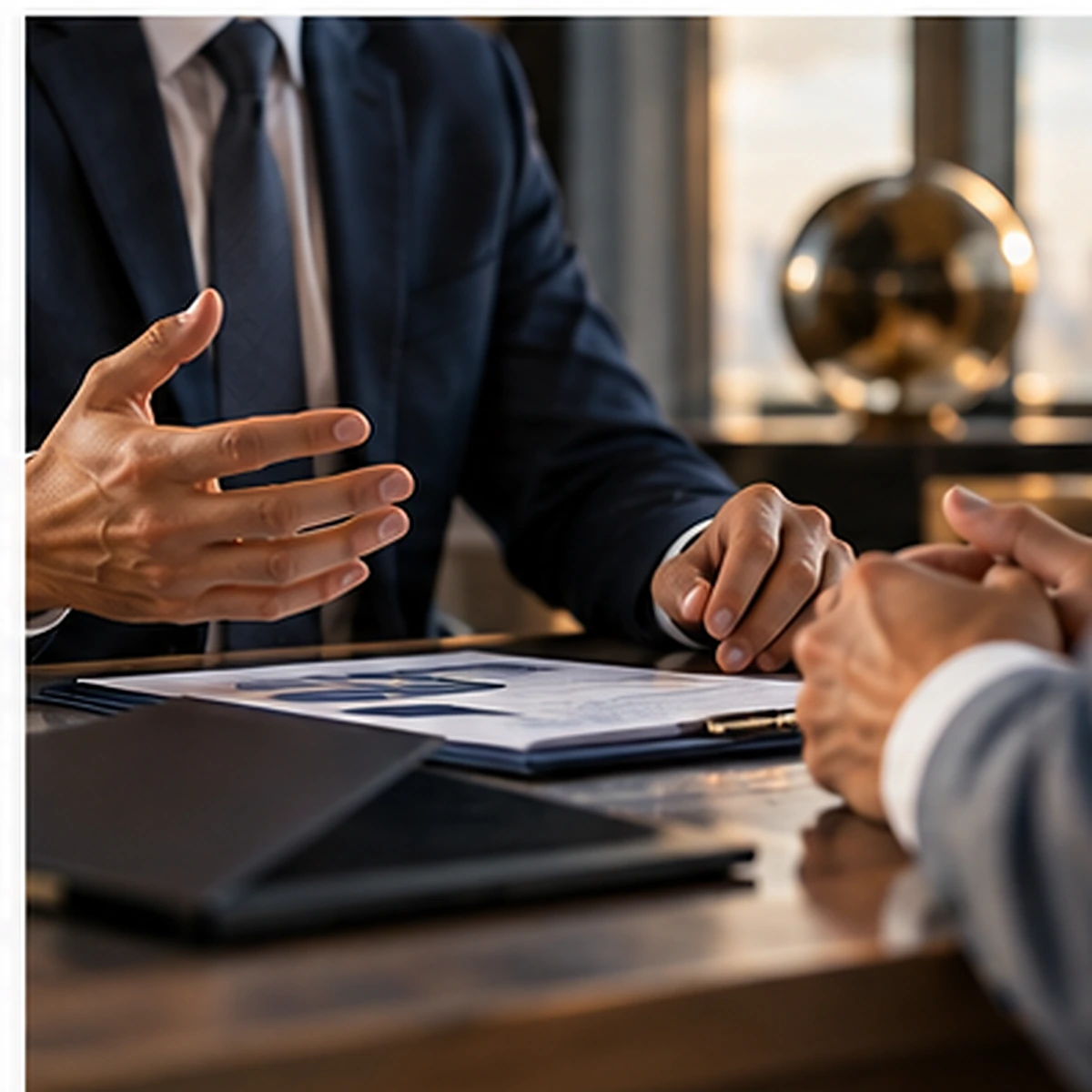 Consultor conversando con un cliente sobre planificación patrimonial y objetivos financieros